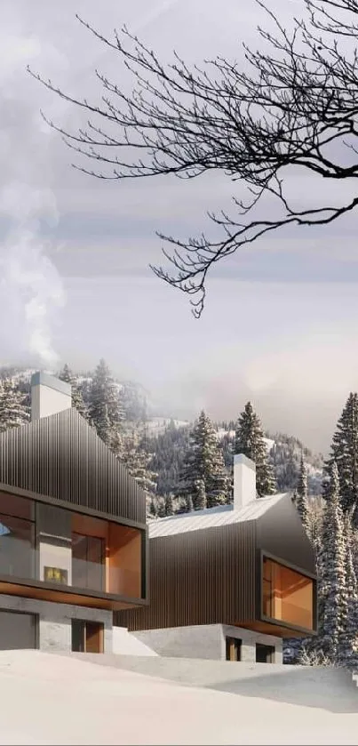 Modern chalet in serene snowy landscape mobile wallpaper.