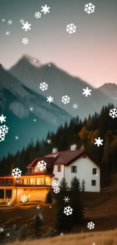 Charming winter cabin with snowy mountains and snowflakes.