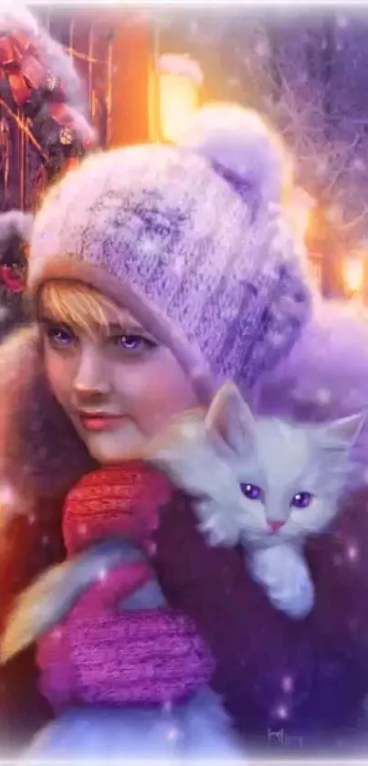 Girl in winter attire with kitten, purple tones.