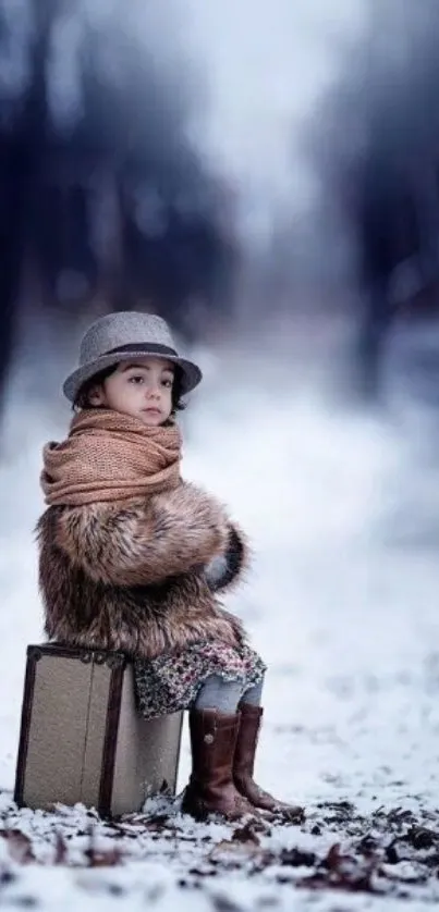 A child in winter attire sits on a suitcase in a snowy forest path.