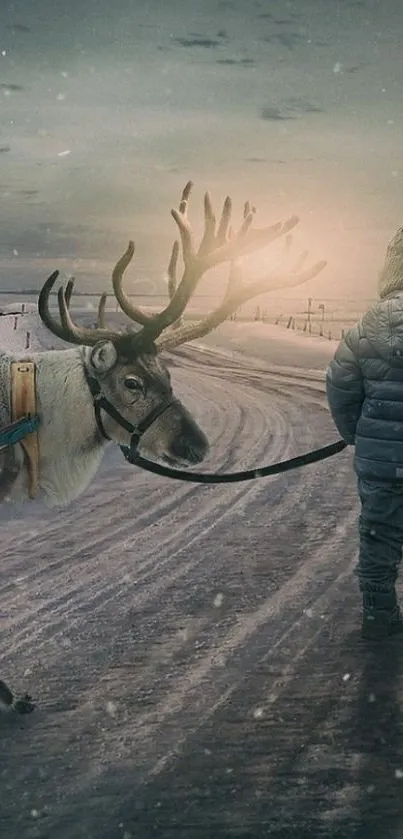 Child with a reindeer on a snowy road at dusk under a glowing sky.