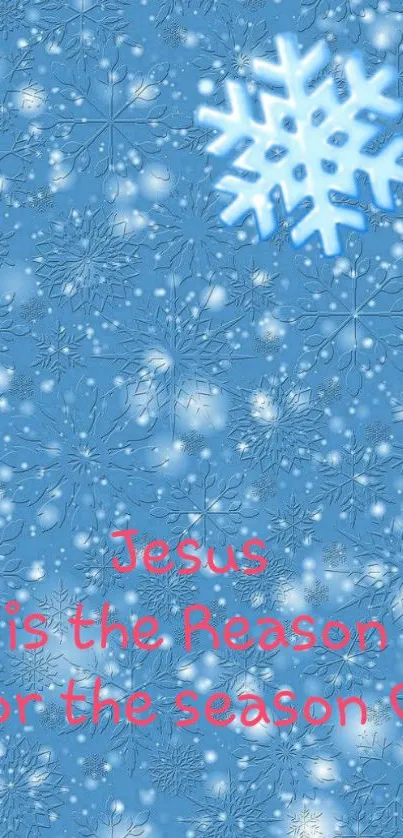 Blue winter wallpaper with snowflake and Christian text.