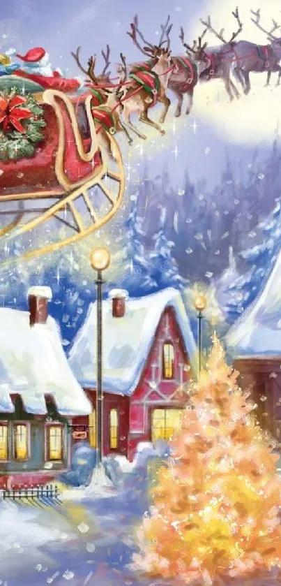 Santa's sleigh flying over a snowy Christmas village.