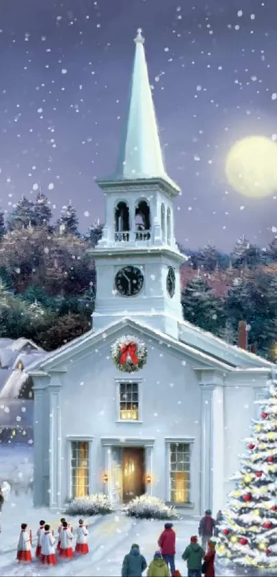 Winter church scene with snow, Christmas tree, and moon.