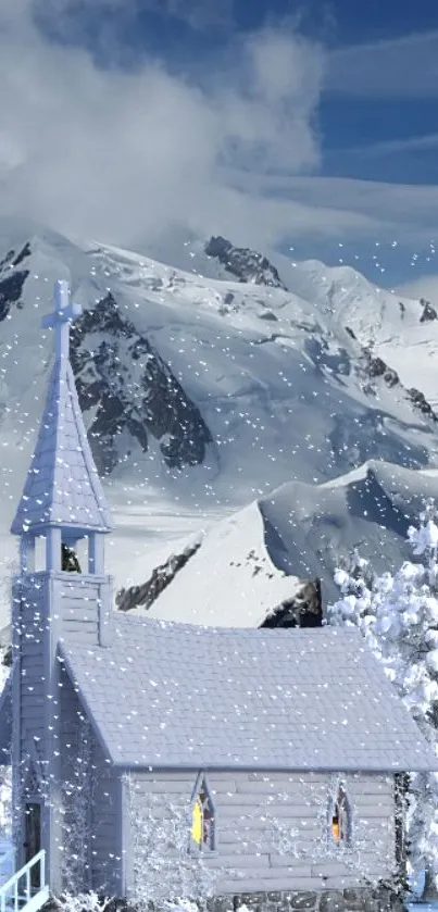 Snowy church in winter mountains with snowflakes.