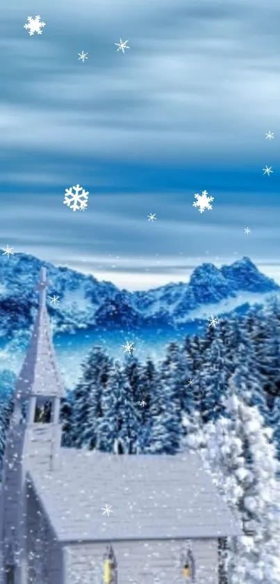 Winter church with snowflakes in serene mountain landscape.