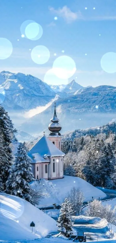 A serene winter church scene in the mountains, surrounded by snow and trees.