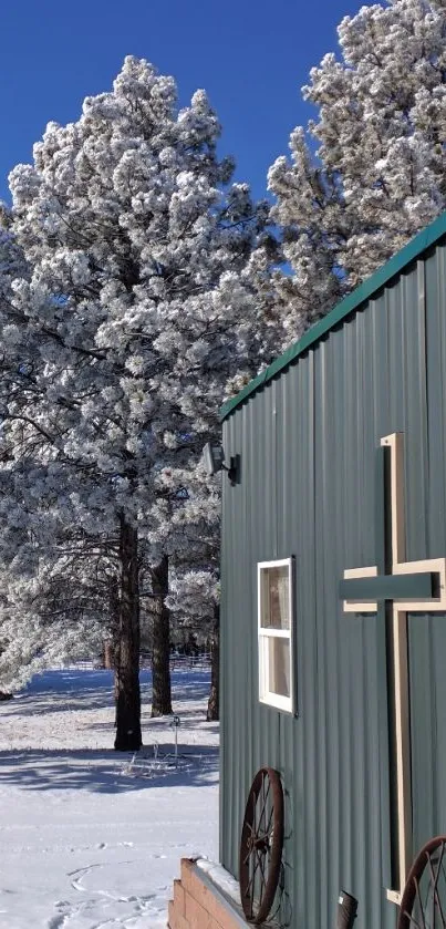 Winter church scene with snow and blue sky.