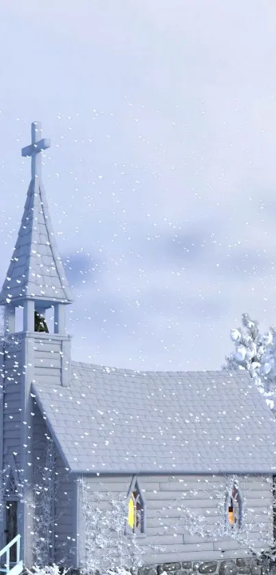 Snowy church scene with trees and serene winter sky.