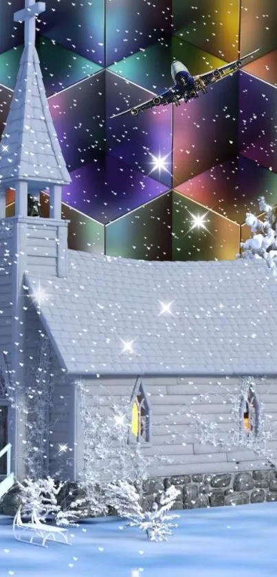 Winter church with galaxy-themed sky.