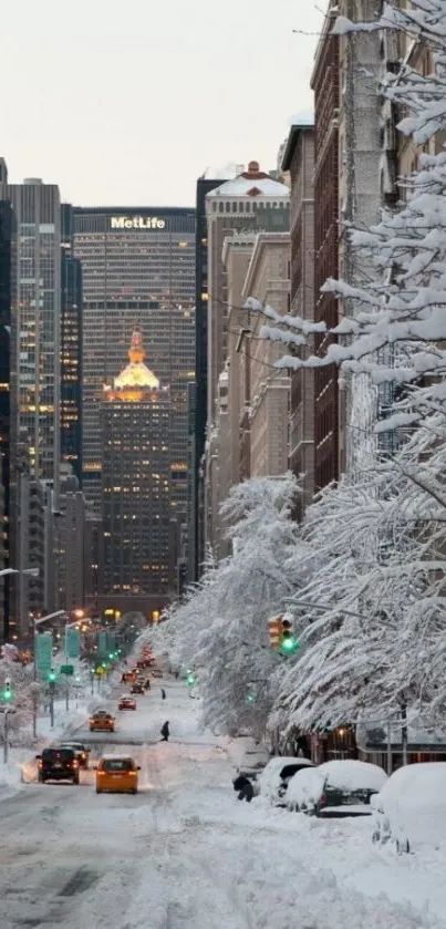 Snowy city street at dusk with glowing buildings and urban charm.