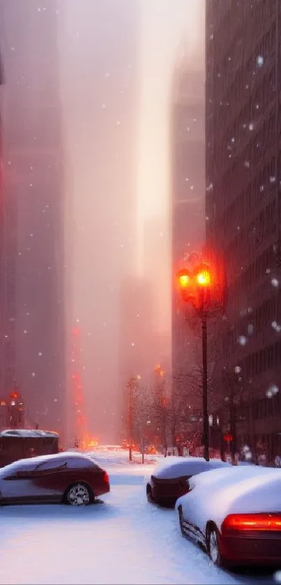 Snow-covered city street with glowing streetlights.