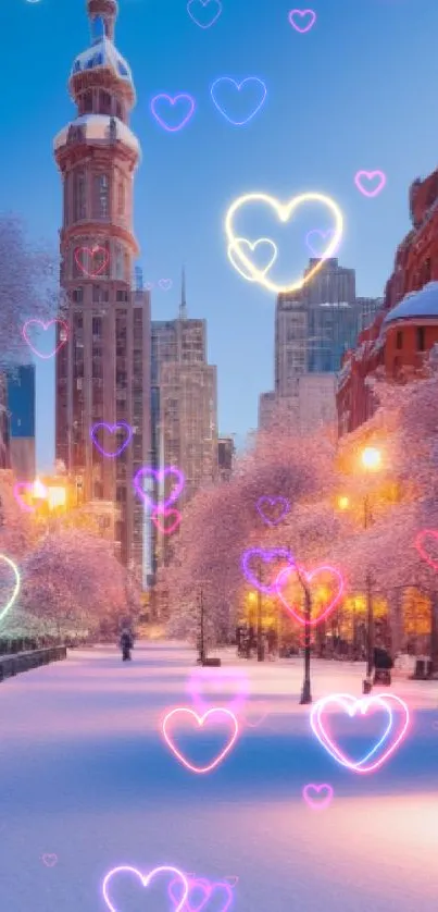 Snow-covered city street at night with glowing lights and a blue sky.