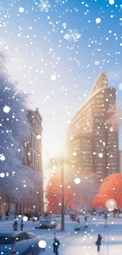 Winter cityscape with falling snow and sunset glow.
