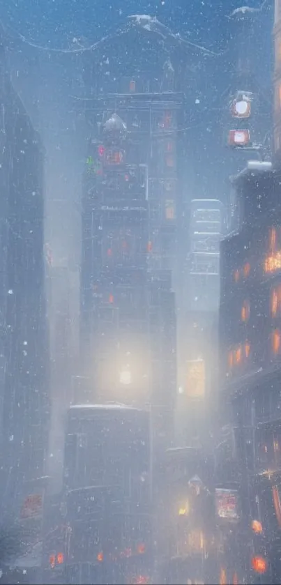 Snowy cityscape with softly lit buildings in a winter night setting.
