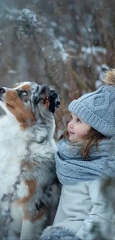 A girl and her dog in a snowy winter scene, highlighting companionship.