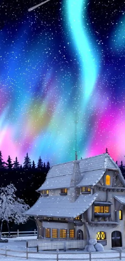 Winter cottage under vibrant aurora in night sky.