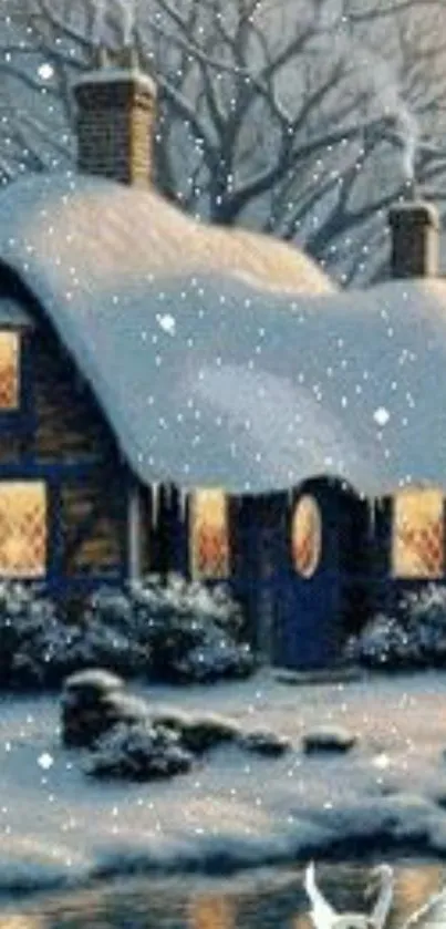 Snowy white cottage by a pond with falling snowflakes.