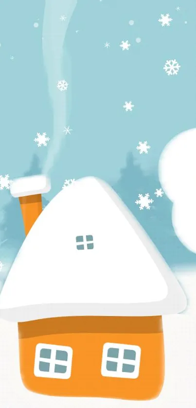 Cartoon winter cottage with snowflakes and snowy landscape in sky blue hues.