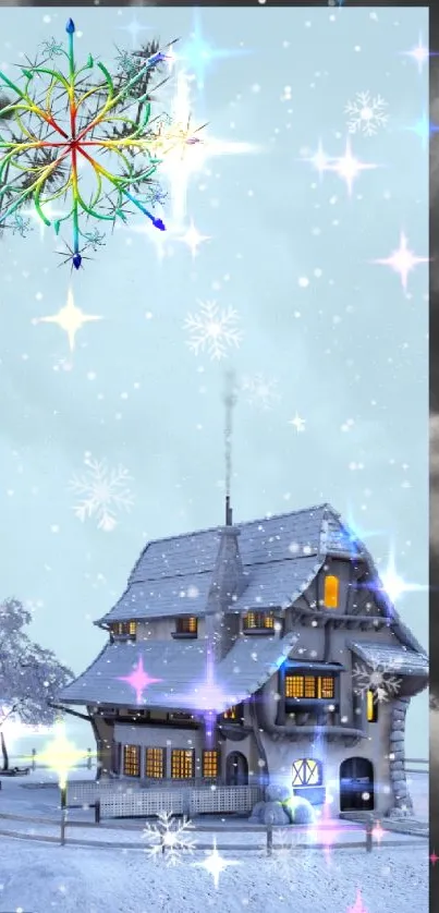 Winter cottage fantasy scene with snowflakes.