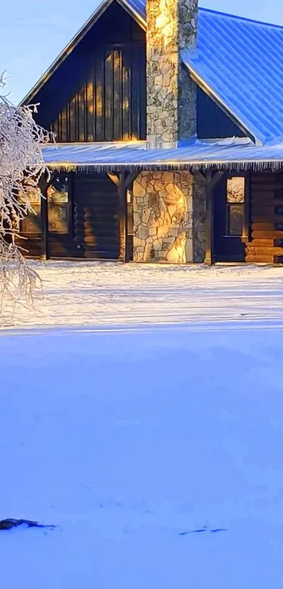 Log cabin in a snowy landscape under a soft winter light.