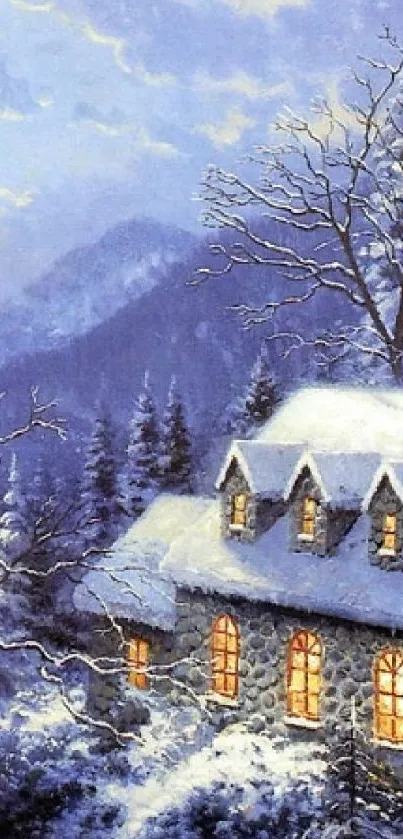 Winter cottage with snowy trees and mountains.