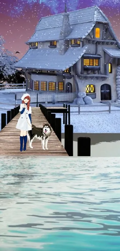 Snow-covered cottage with character and dog on a wooden bridge over a serene lake.