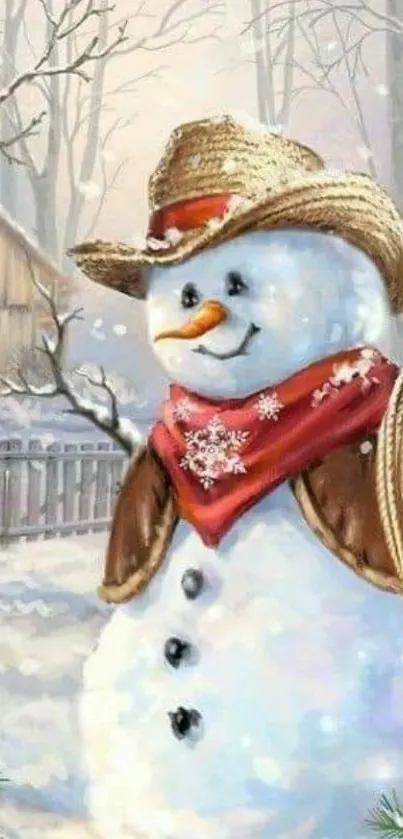 Snowman dressed as cowboy in snowy winter scene with barn.