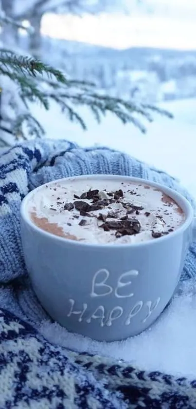 Cozy winter scene with hot chocolate and snow.