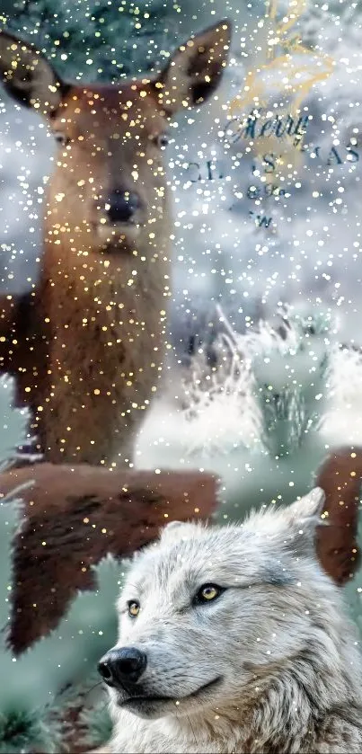 Two deer in a frosty forest with Merry Christmas text.