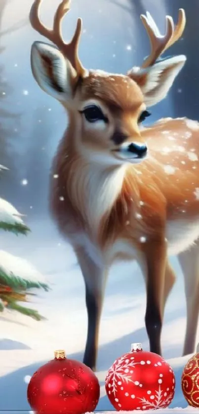 Winter deer in snowy forest with red ornaments and trees.