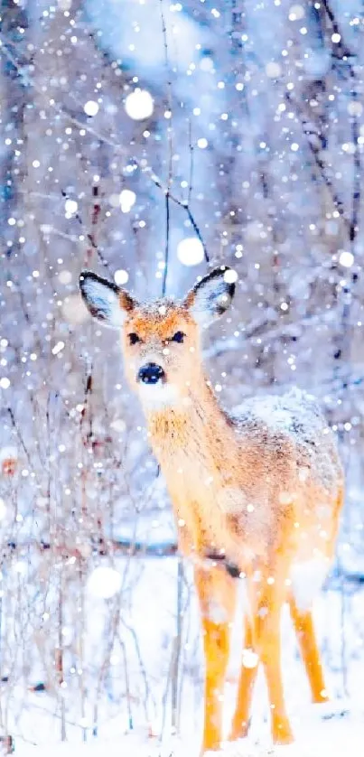 Deer in a snowy forest with falling snowflakes, serene winter scene.