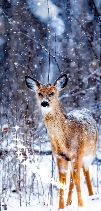 Lone deer standing in a snowy forest with falling snowflakes.