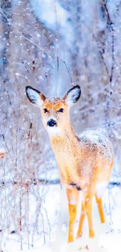 Deer standing in a snowy forest with falling snowflakes