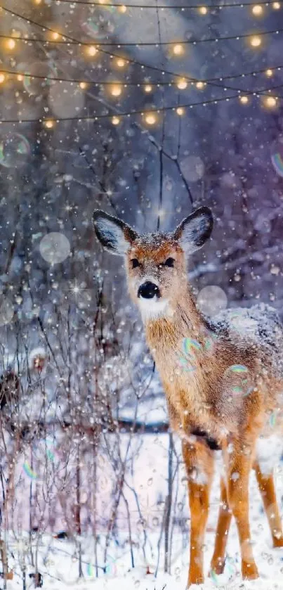 Deer standing in a snowy forest with bokeh lights.