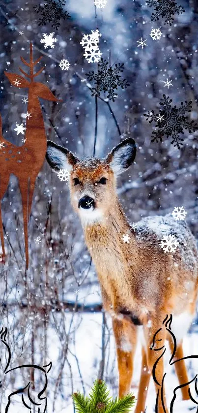 A deer standing in a snowy forest with decorative snowflakes.