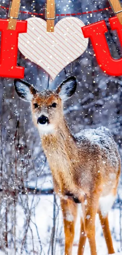 Deer in snowy forest with love decor on mobile wallpaper.