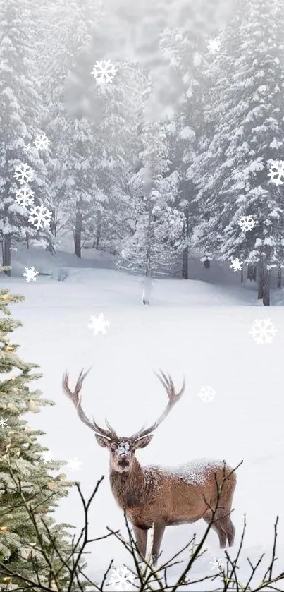 A deer stands in a snowy forest with falling snowflakes.