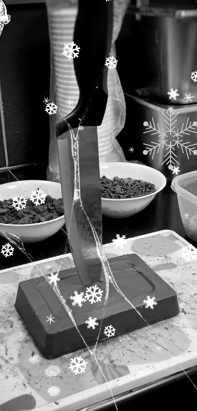 Black and white winter dessert wallpaper with snowflakes and culinary elements.