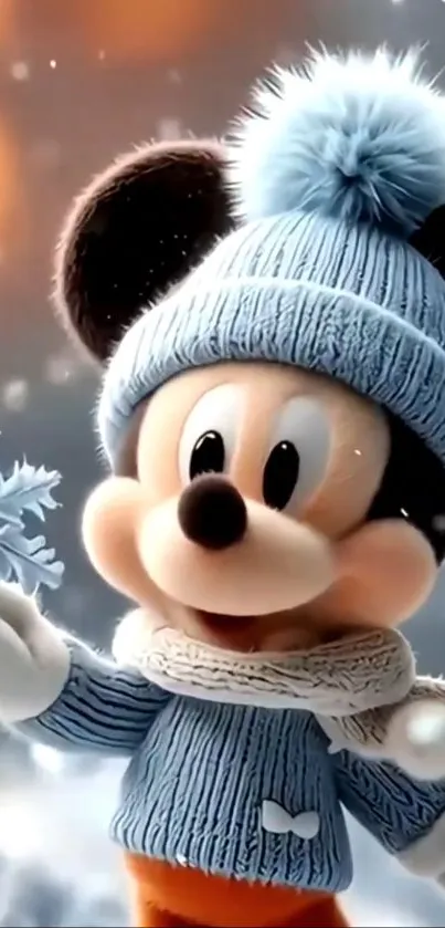 Disney character in blue winter attire holding a snowflake.