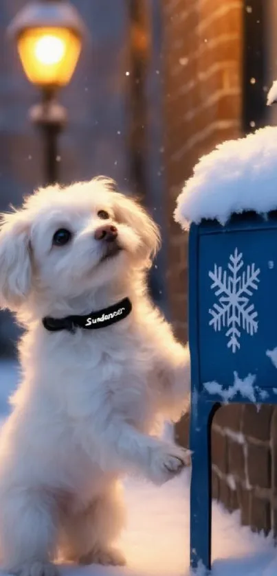 Fluffy white dog by snowy blue mailbox with streetlamp glow.