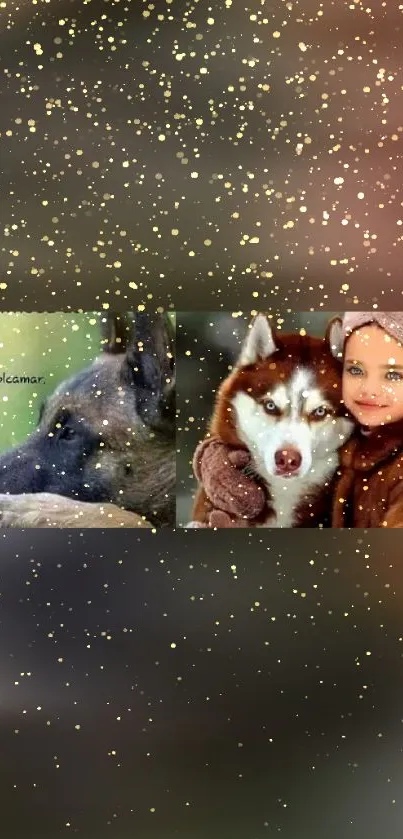 Person with dogs in a snowy background highlighted by golden sparkles.