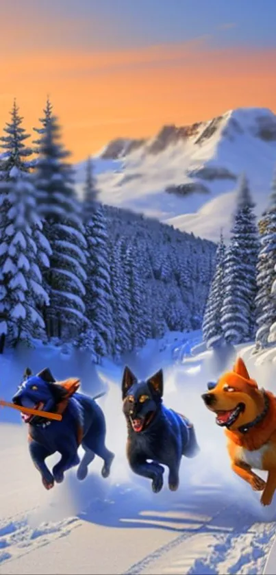 Animated dogs running in snowy forest with mountain backdrop.