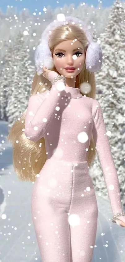 Doll in pink outfit with earmuffs in snowy forest.