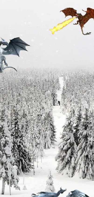 Dragons flying over a snowy winter forest landscape.
