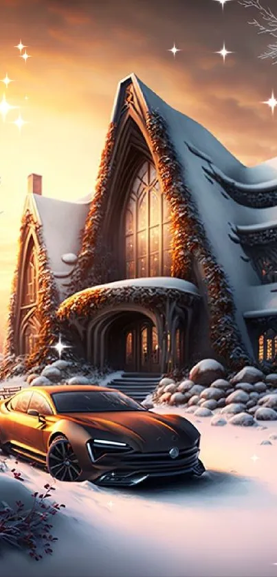 Snowy gothic house with sports car at sunset.