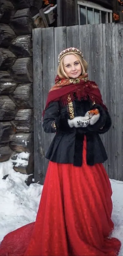 Woman in red winter dress by wooden cabin in snow.