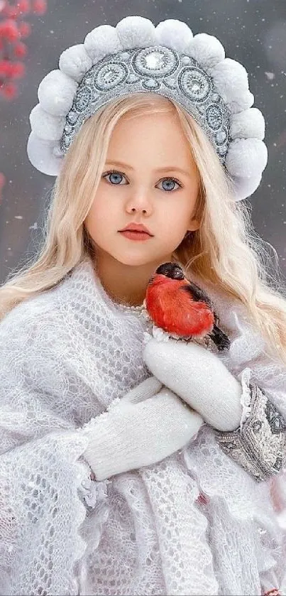 Young girl in winter attire holding a red bird with a snowy backdrop.