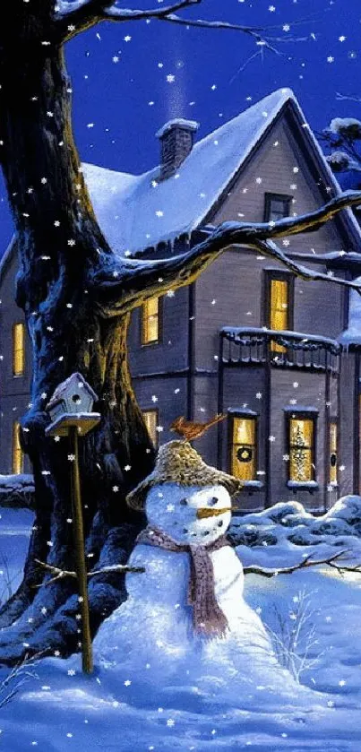 Snowy winter scene with snowman and a cozy house at night.