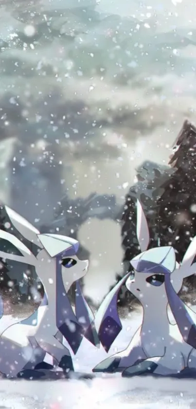 Anime creatures in a snowy winter forest setting with falling snowflakes.